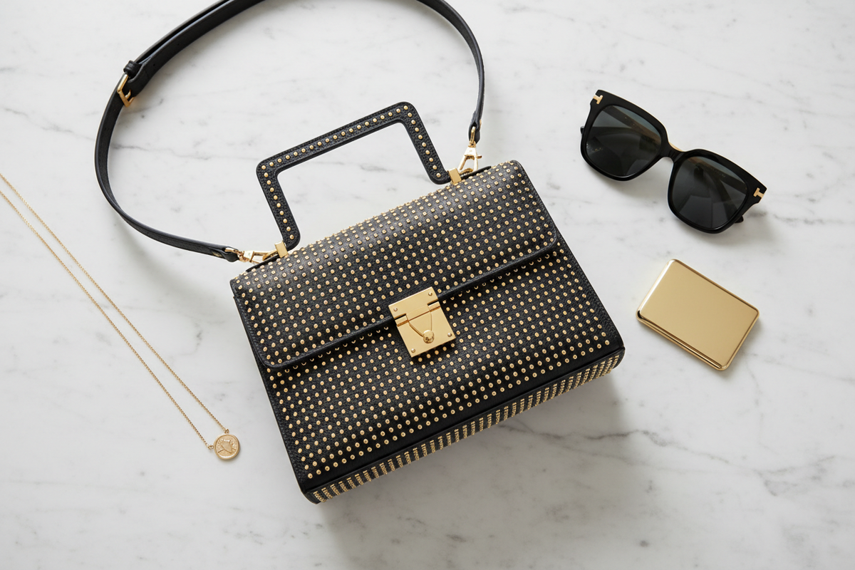 Black studded satchel flat lay on white marble