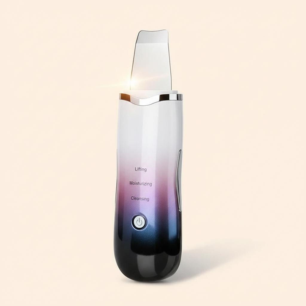Close-up of the metal spatula head on a glossy black and multicolor facial skin scrubber