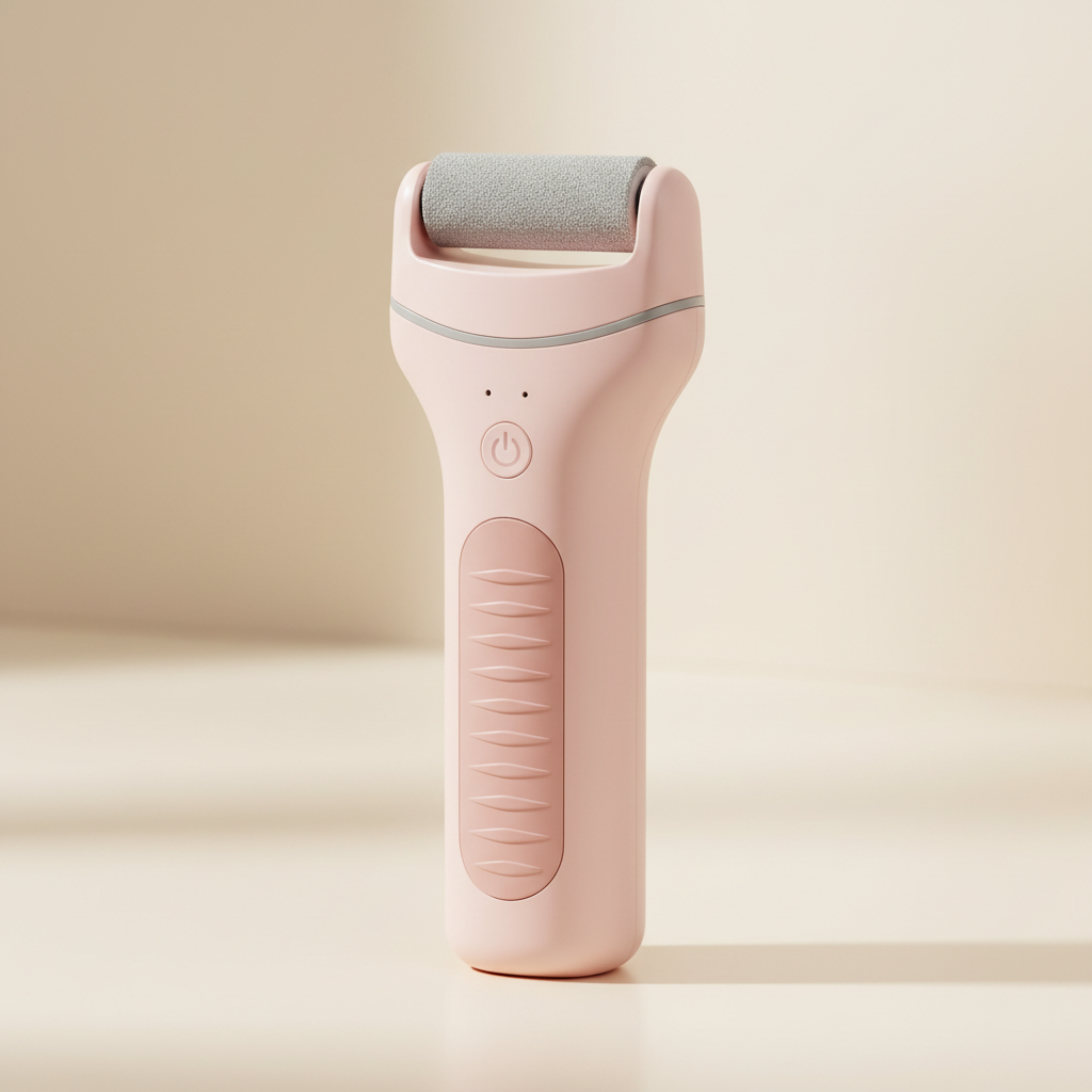 Close-up of pink electric foot file with grey exfoliating roller head and textured grip