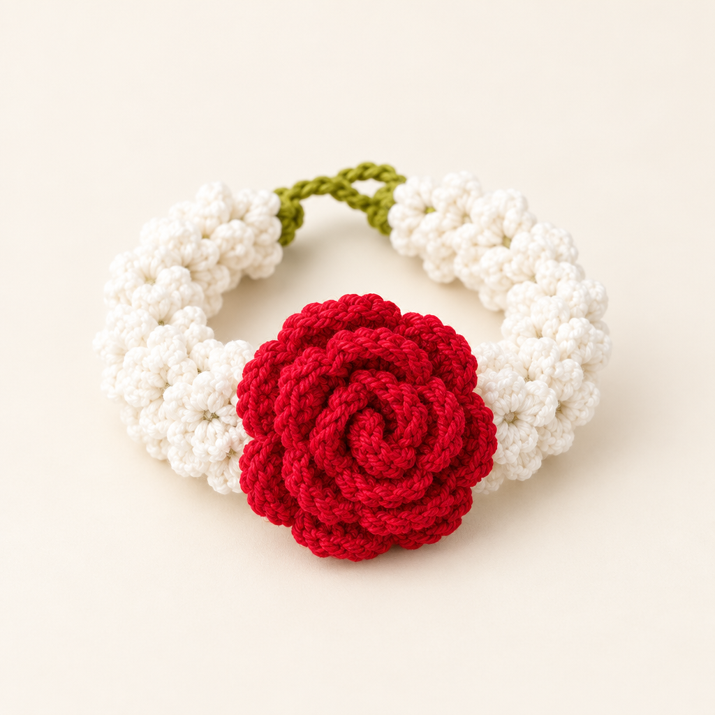 Handmade crochet floral gajra bracelet in white and red