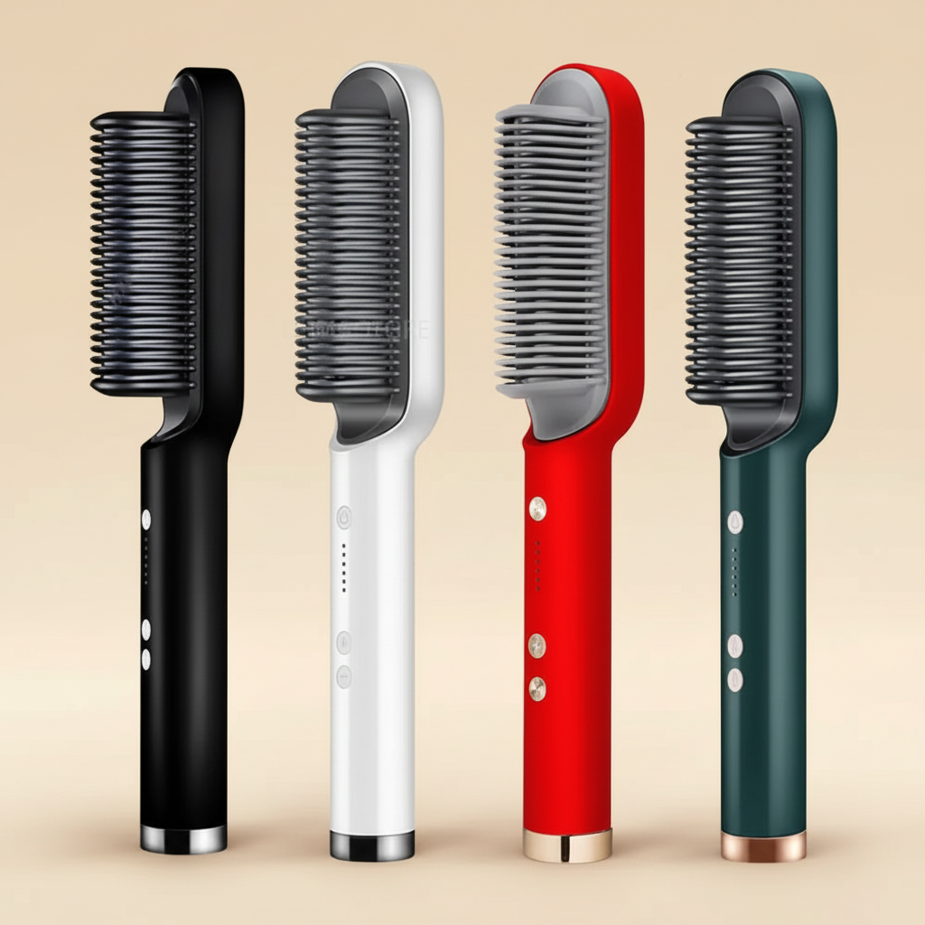 TAJIO 2-in-1 heated straightening brush and curling comb in black, white, red, and green on a warm ivory background