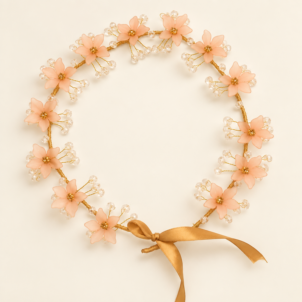 Peach floral crown hair band with crystal beads and satin ribbon tie