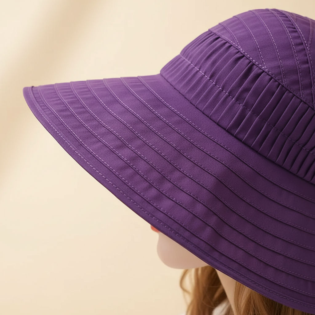 Close-up of the gathered purple fabric and stitched brim of a wide-brim foldable sun hat
