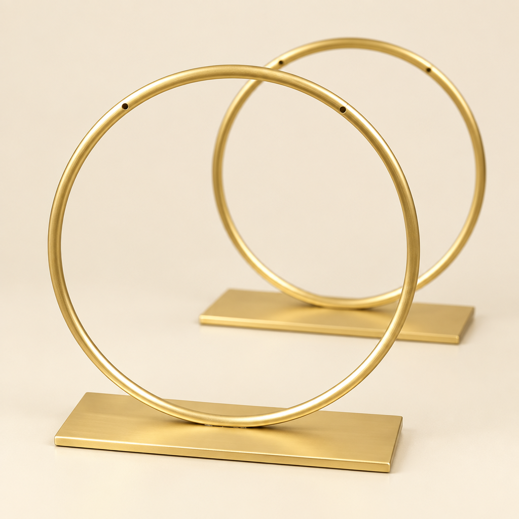 Close view of the circular gold-plated metal hoop and flat base on a two-piece jewelry stand set