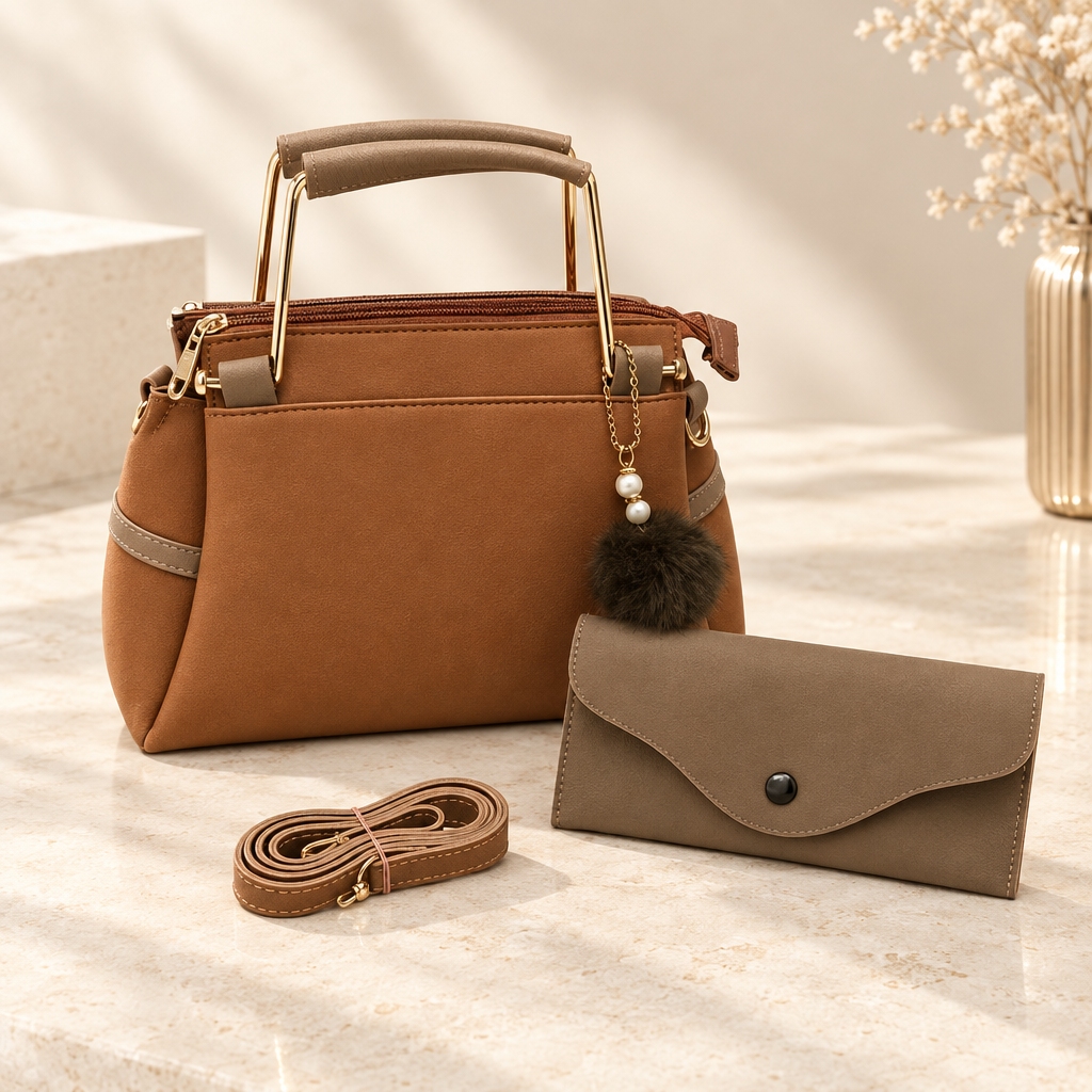 Tan structured handbag with matching taupe wallet and detachable strap on ivory surface
