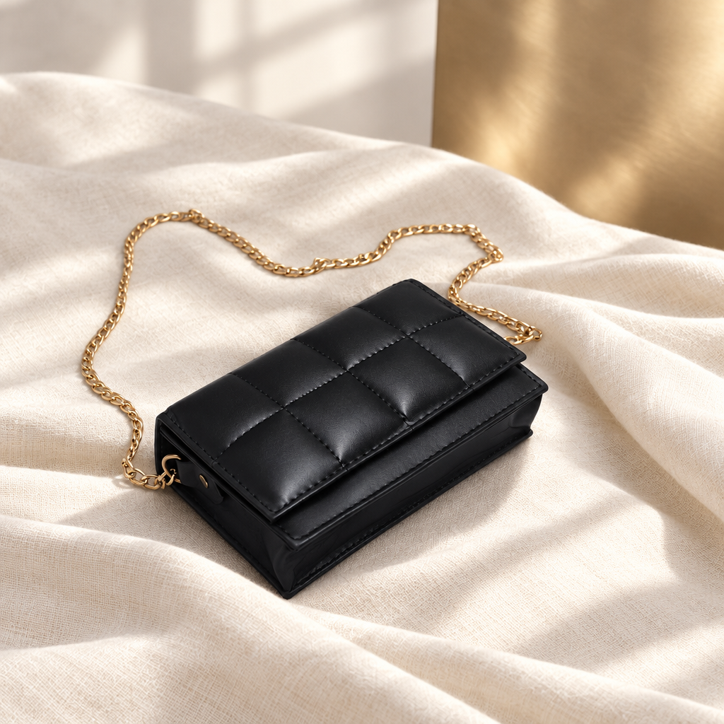 TAJIO black quilted crossbody bag with gold chain strap styled on ivory linen