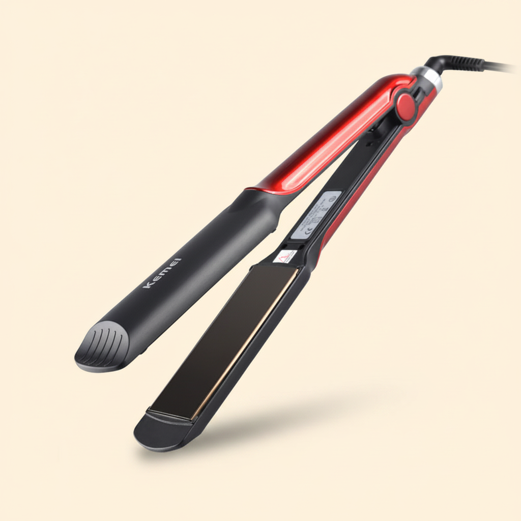 Kemei KM-531 red and black hair straightener on a warm ivory background