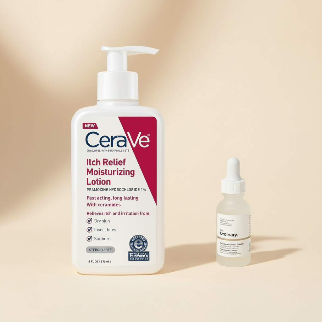 CeraVe Itch Relief Moisturizing Lotion and The Ordinary serum on a warm ivory background