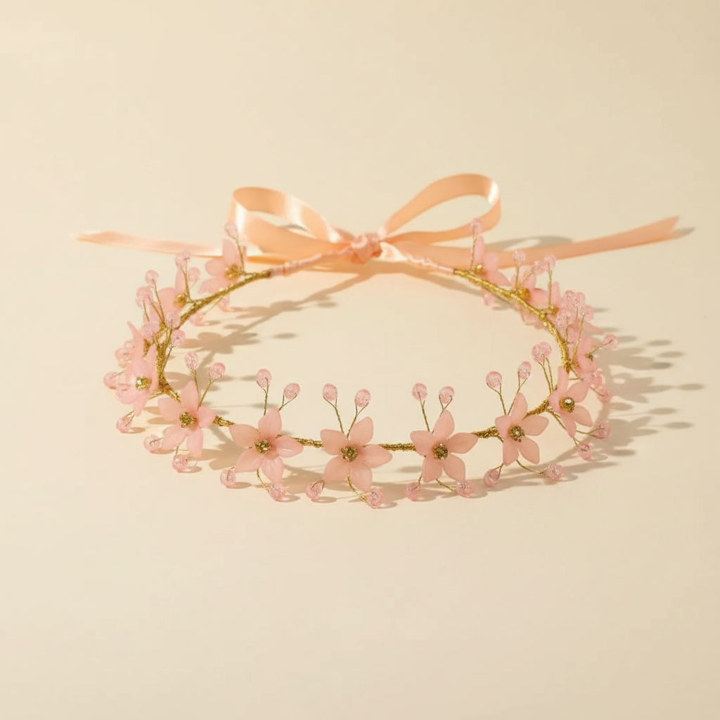 Peach floral crown hairband on a warm ivory background