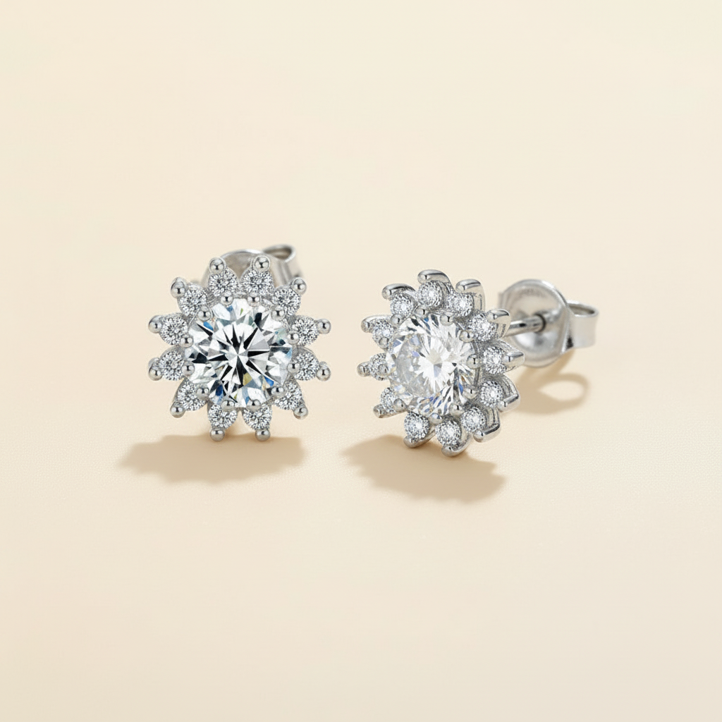 Angled view of TAJIO silver-plated flower zircon earrings