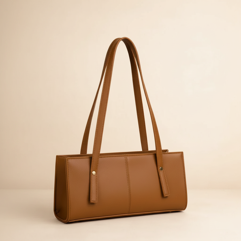 Structured brown rexine top-handle handbag with long handles on a warm ivory background