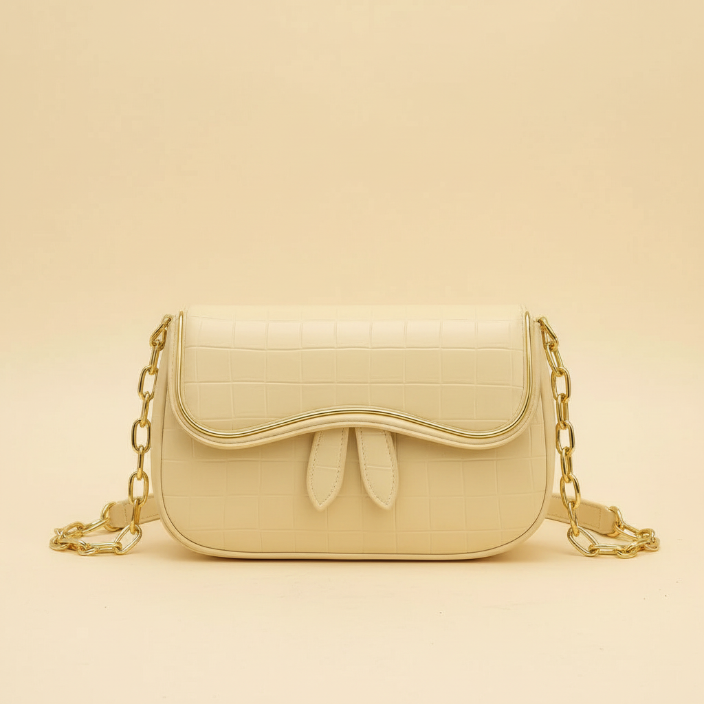 Beige leather shoulder bag with bow detail and chain strap on a warm ivory background