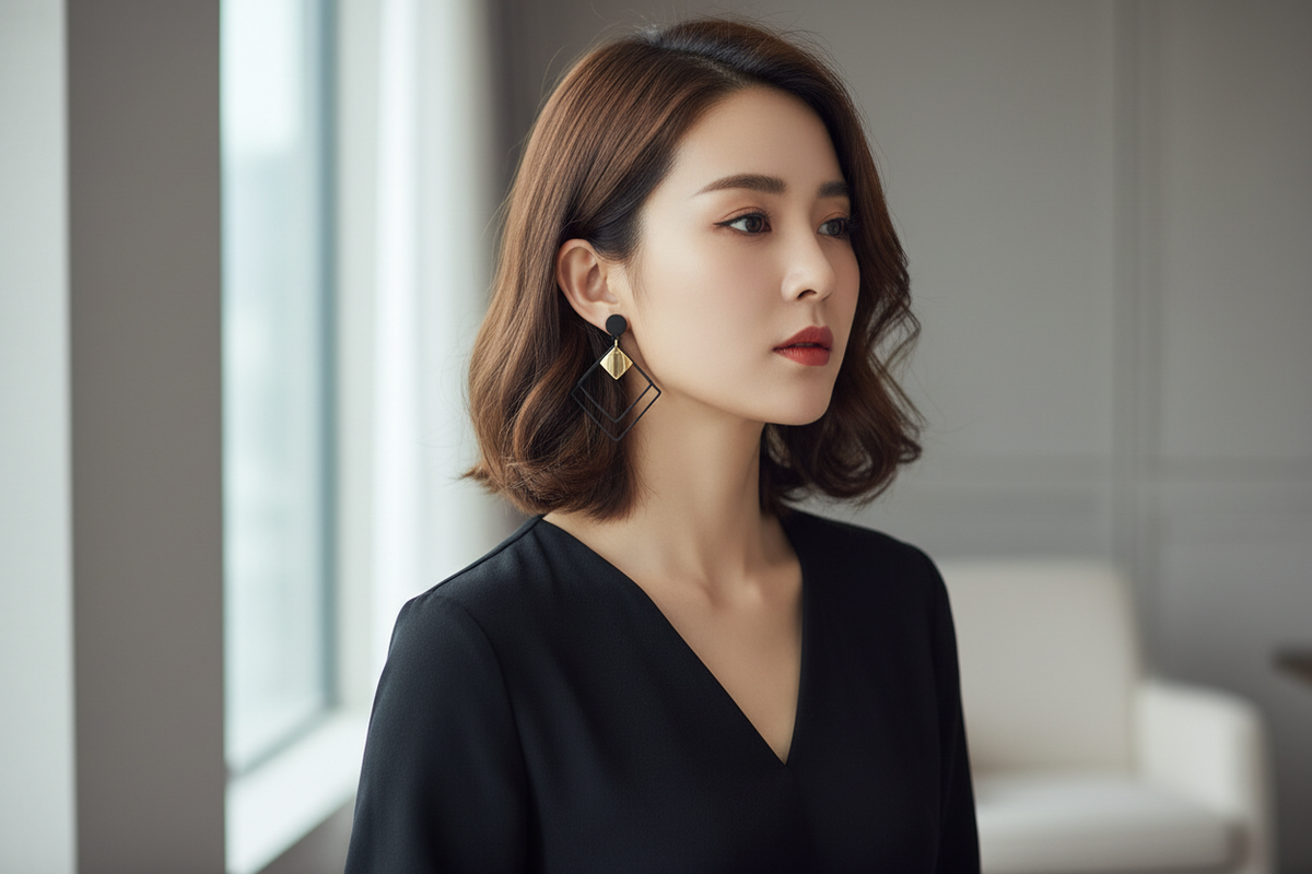 Woman wearing black and gold geometric square earrings with a black outfit