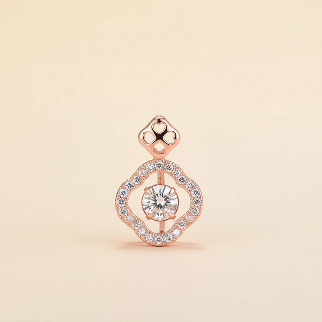 Rose-gold 925 sterling silver clover pavé pendant shown alone on a warm ivory background