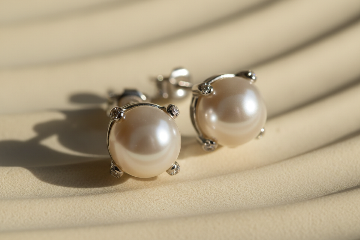 Editorial close-up of silver-plated imitation pearl stud earrings with a zircon setting