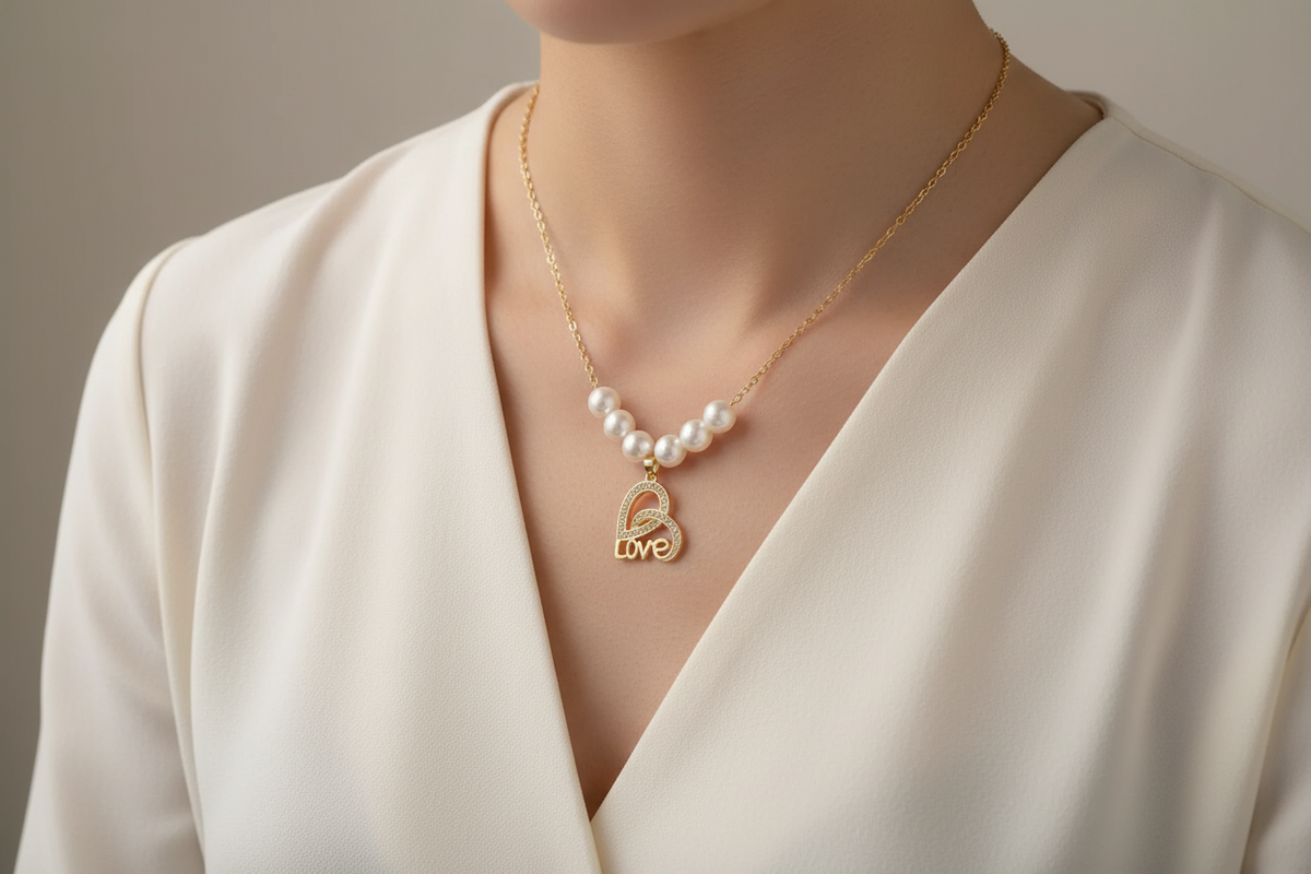 Gold-plated pearl-effect Love necklace worn with an ivory blouse