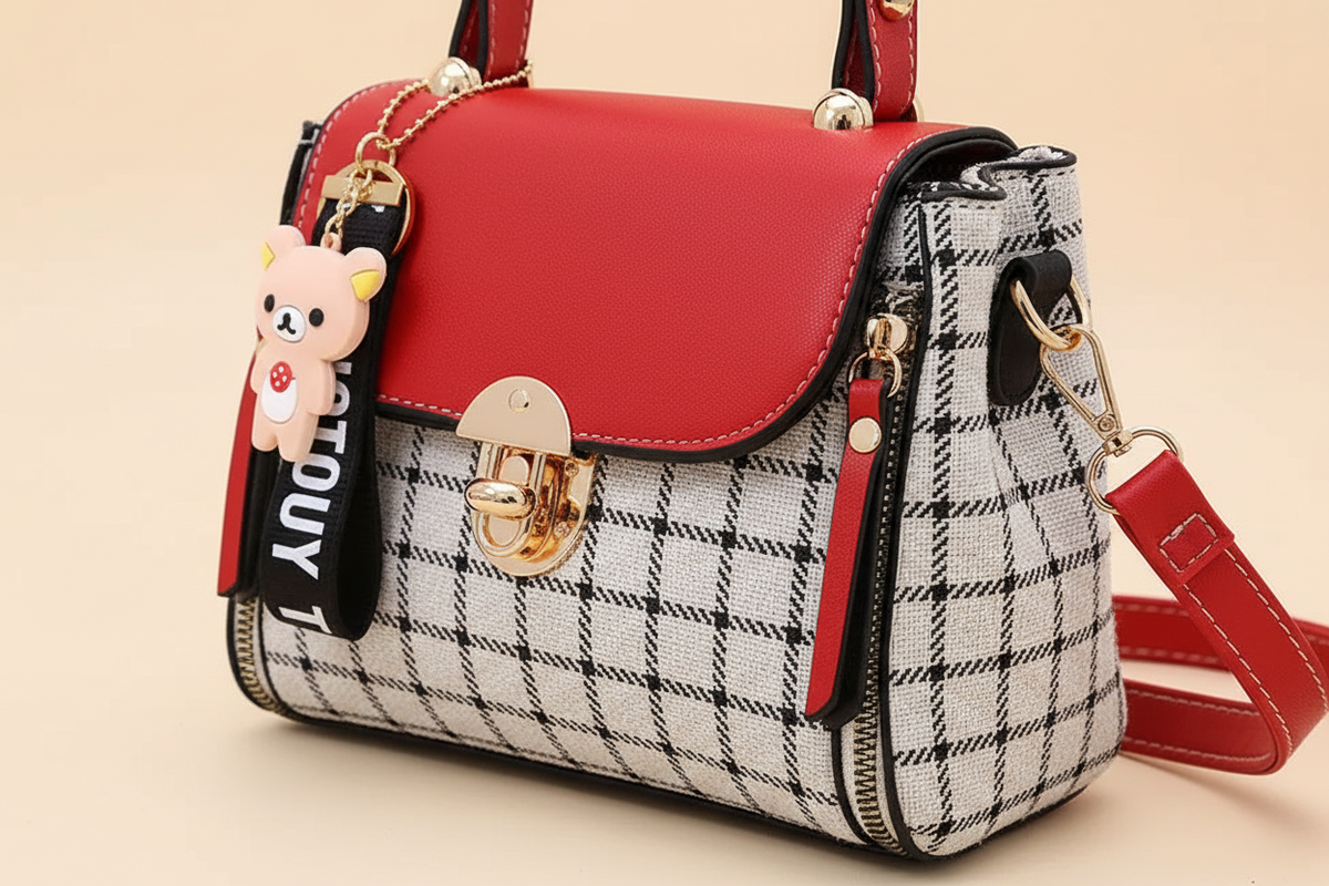 Close detail of red plaid mini crossbody bag with front clasp and bear charm