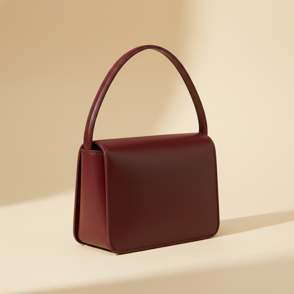 Close-up of a maroon leather shoulder bag showing its clean silhouette and stitching