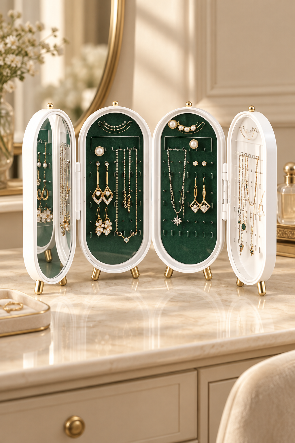 Folding jewellery display box styled open on a warm ivory dressing table