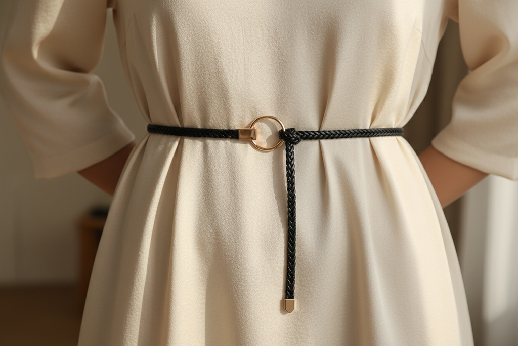 Slim black braided belt with gold-tone O-ring closure worn at the waist over an ivory dress