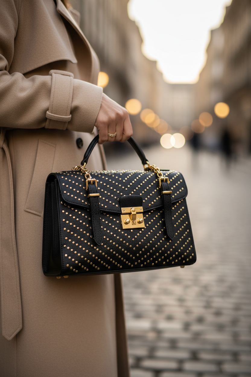 Black studded satchel lifestyle editorial shot