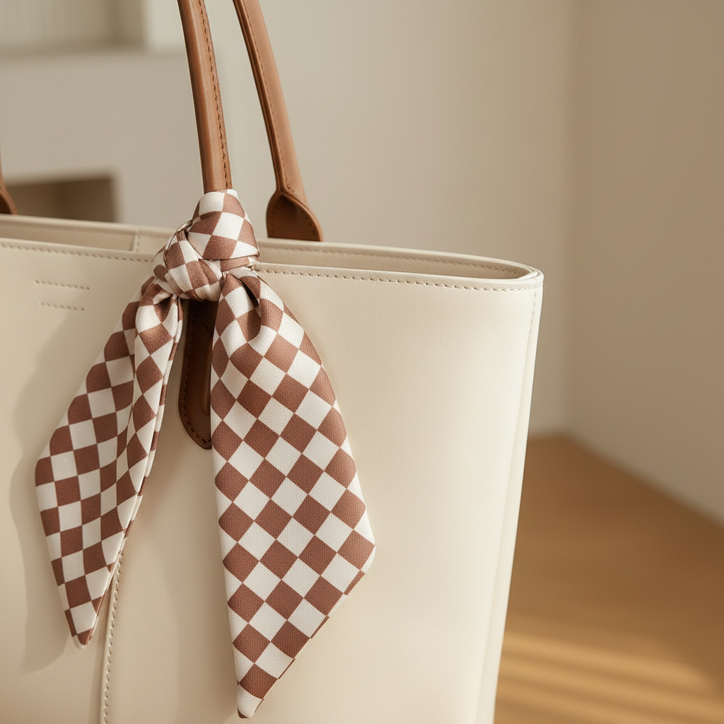 Close-up of the premium white silk tote bag handle and scarf accent