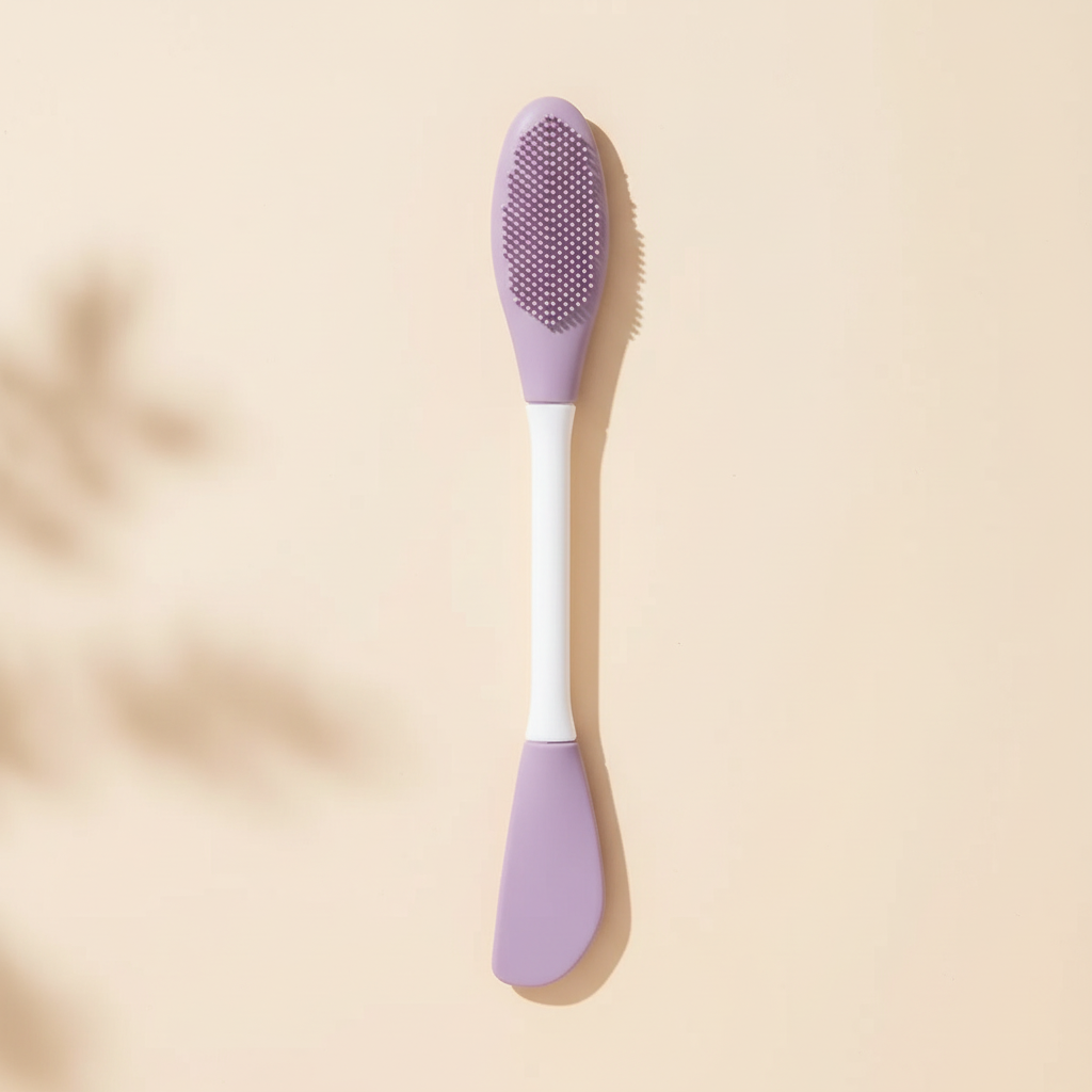 Lavender double-ended silicone face mask and cleansing brush on a warm ivory background