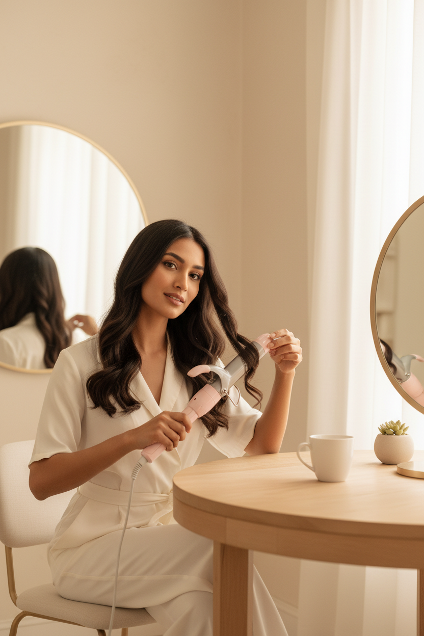 Woman styling dark hair with the RIWA blush pink and silver 32mm ceramic curling iron