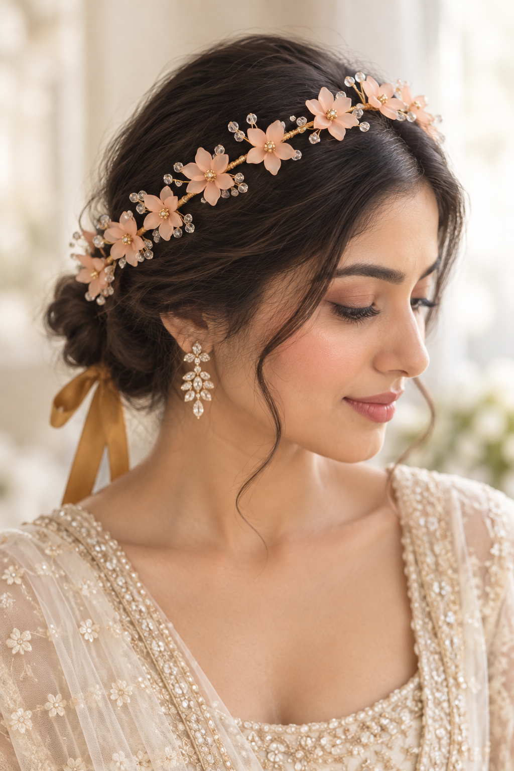 Bride wearing peach floral crown hair band over a low bun