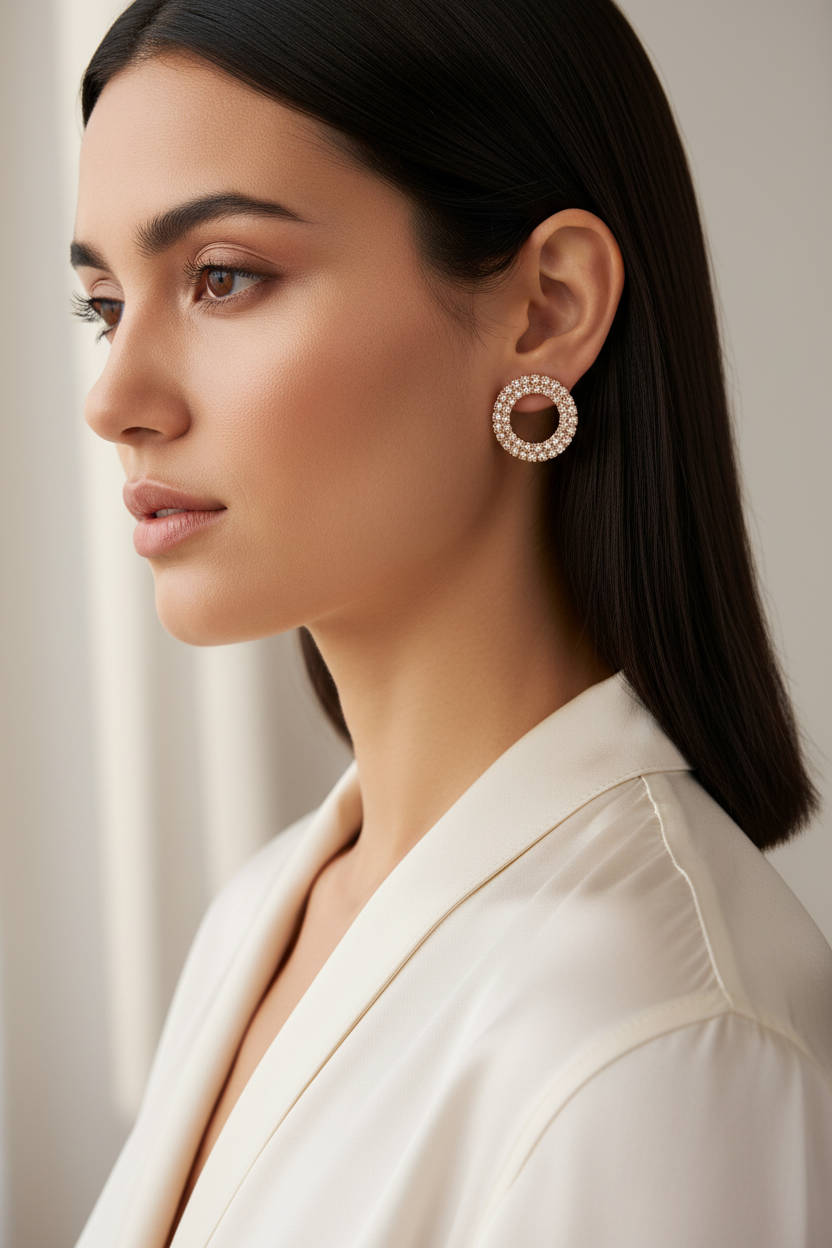 Woman wearing round gold-tone crystal earrings with an ivory blouse
