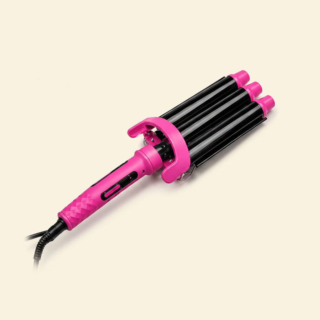 Pink three-barrel ceramic hair waver on a warm ivory background