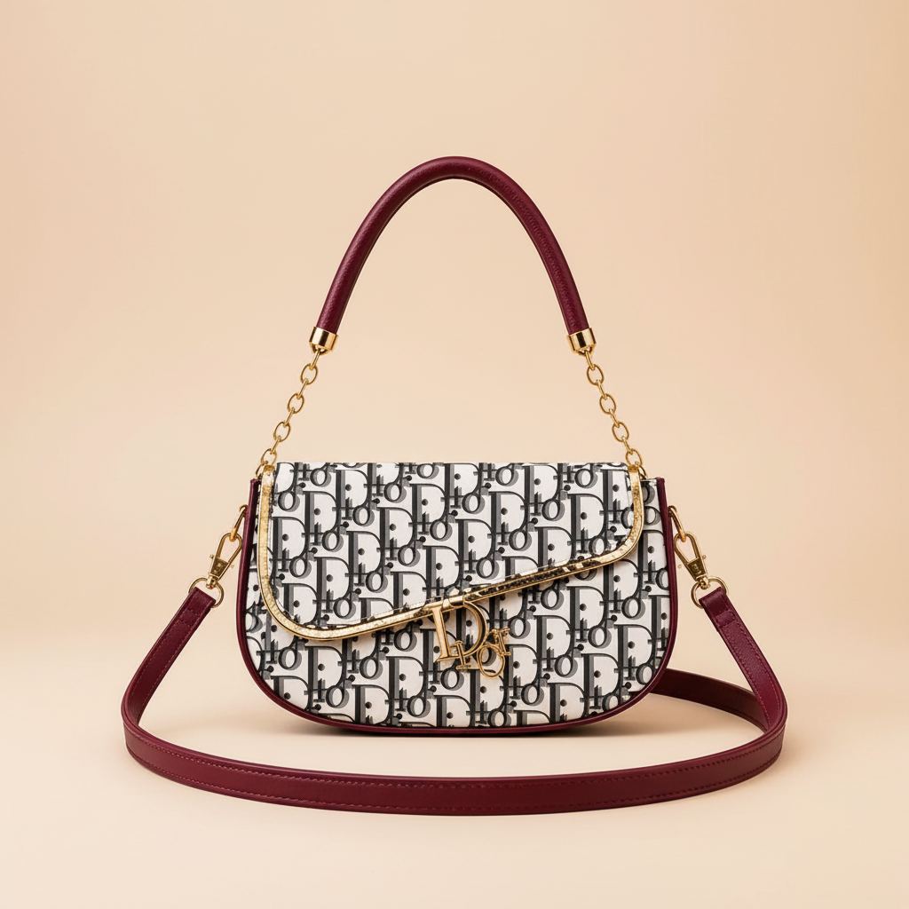 Maroon leather shoulder bag with patterned front panel and gold-tone trim on a warm ivory background