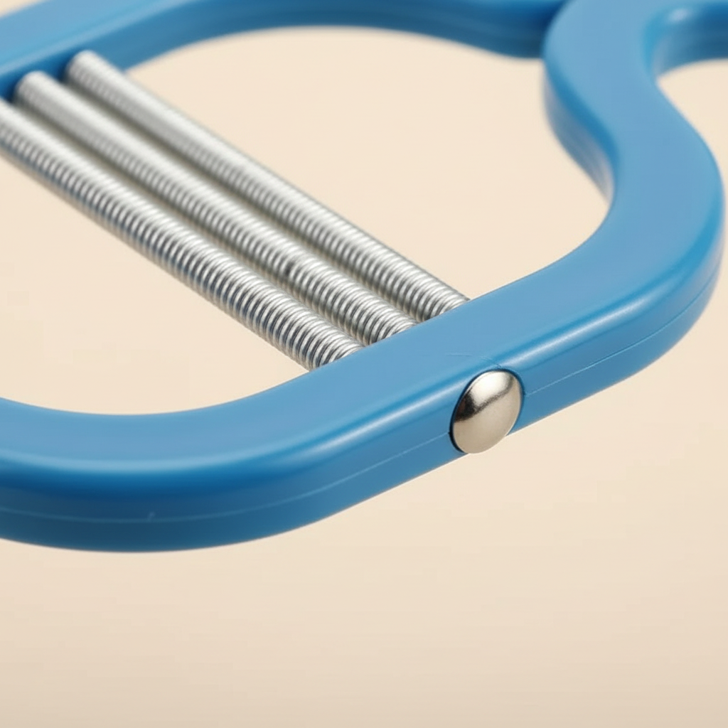 Close-up of the three metal spring coils and pivot on a blue facial hair remover