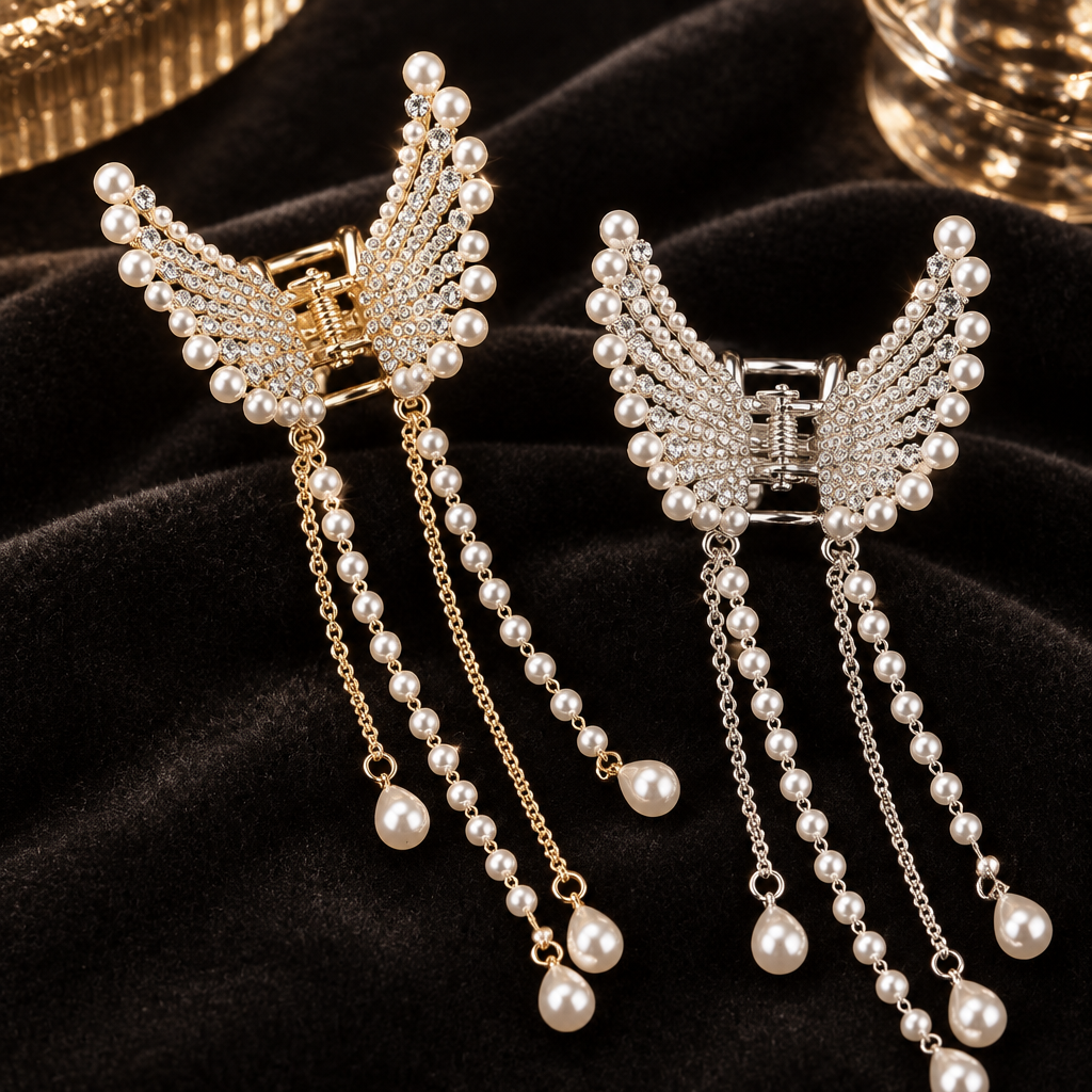 Gold and silver butterfly zircon hair claws with pearl tassels close-up