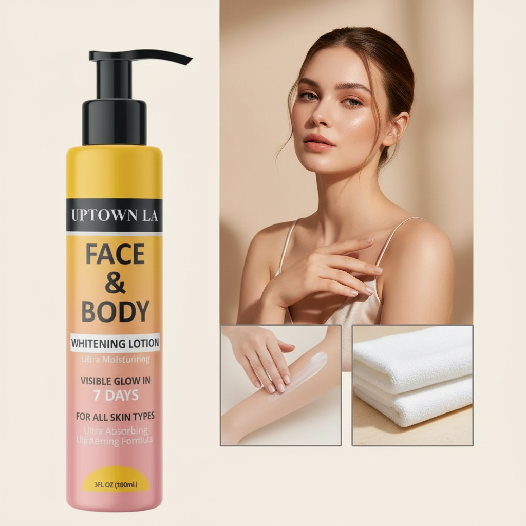 Editorial collage featuring soothing face and body whitening lotion, a beauty portrait, lotion application, and folded white towels