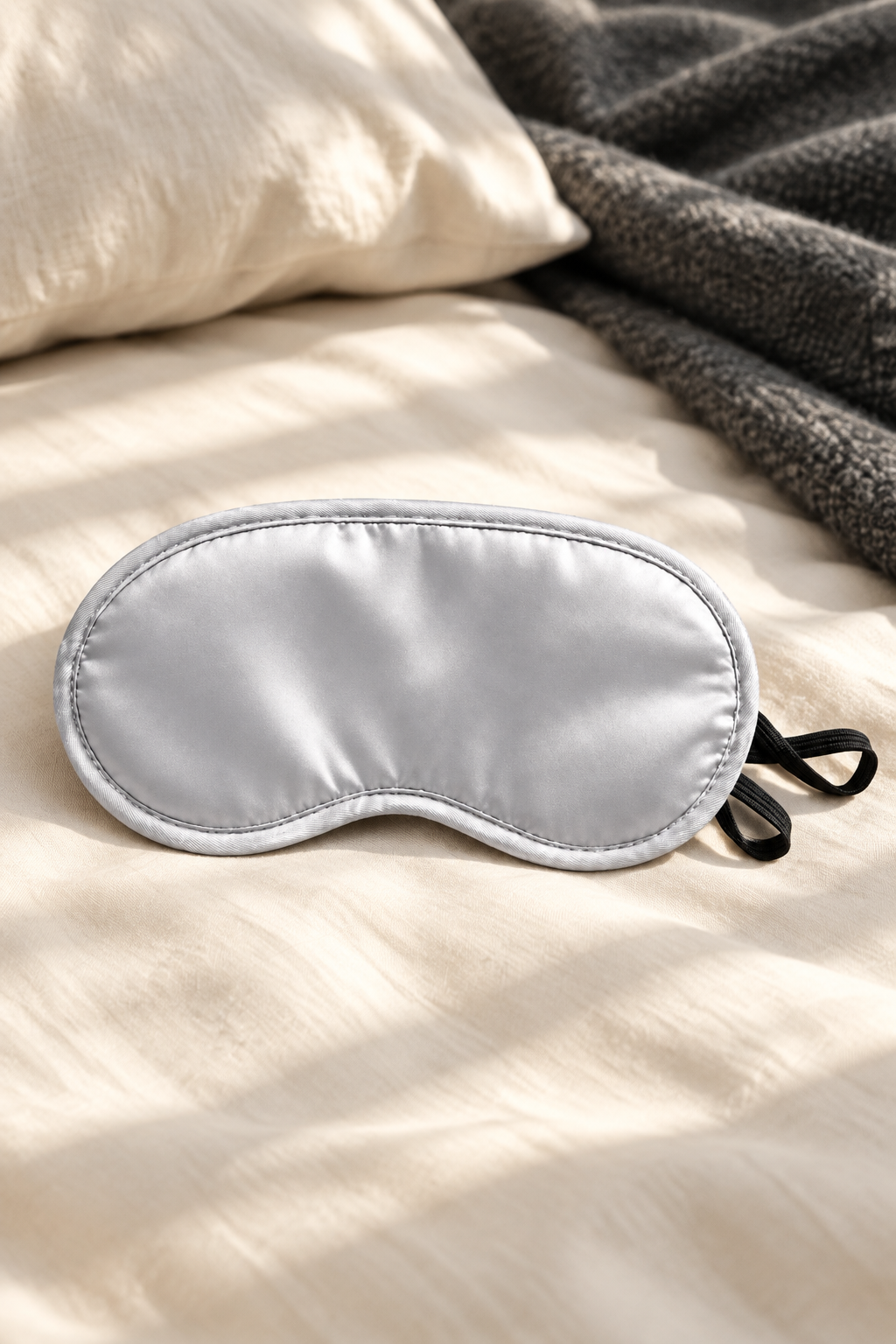 Silver-grey sleep eye mask with black strap on ivory bed linen