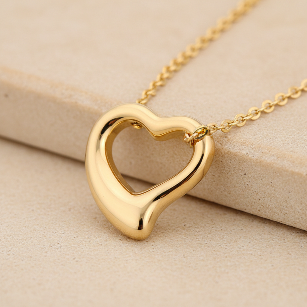 Close detail of a polished gold stainless steel open heart pendant necklace on warm ivory
