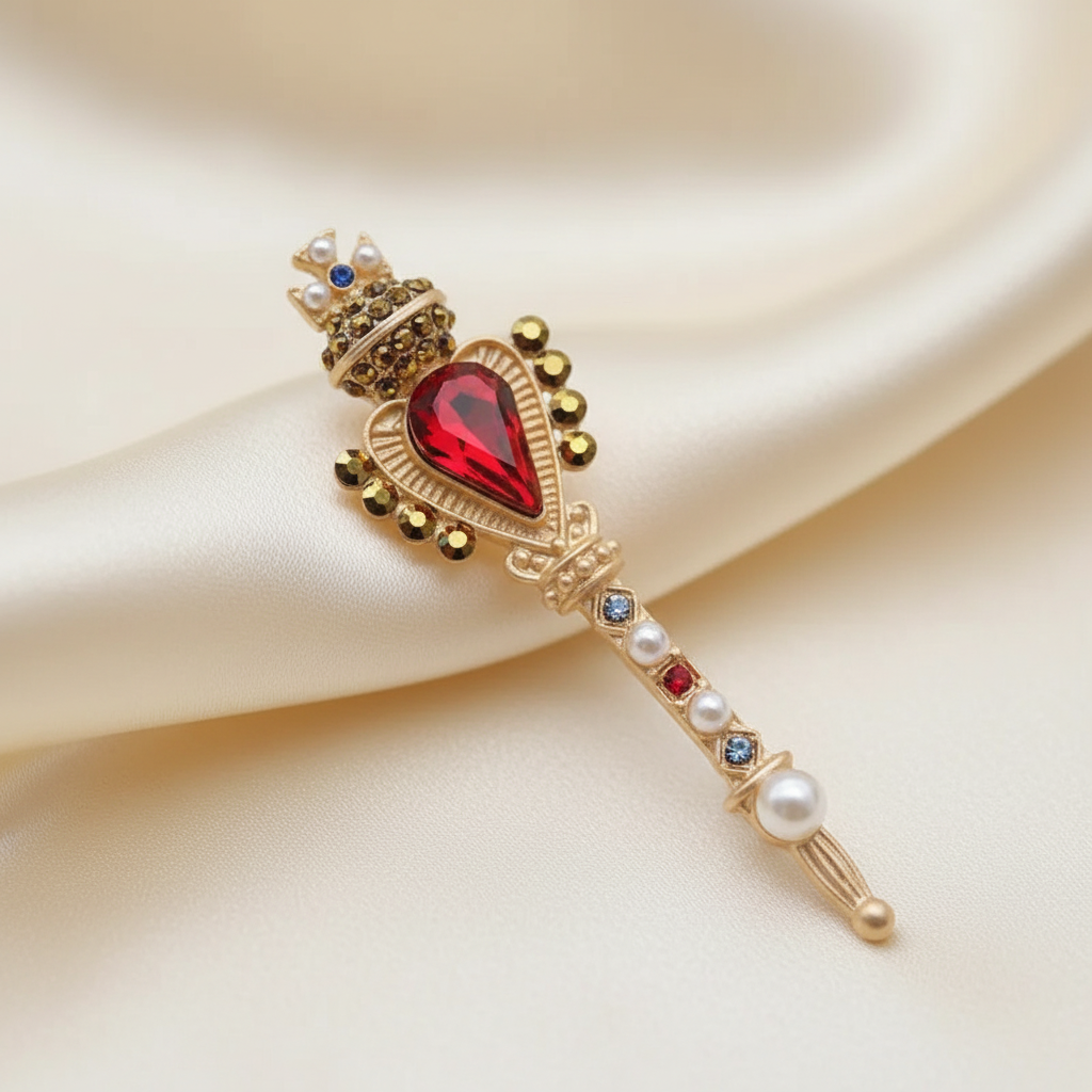 Close-up of pearl and crystal-style brooch details