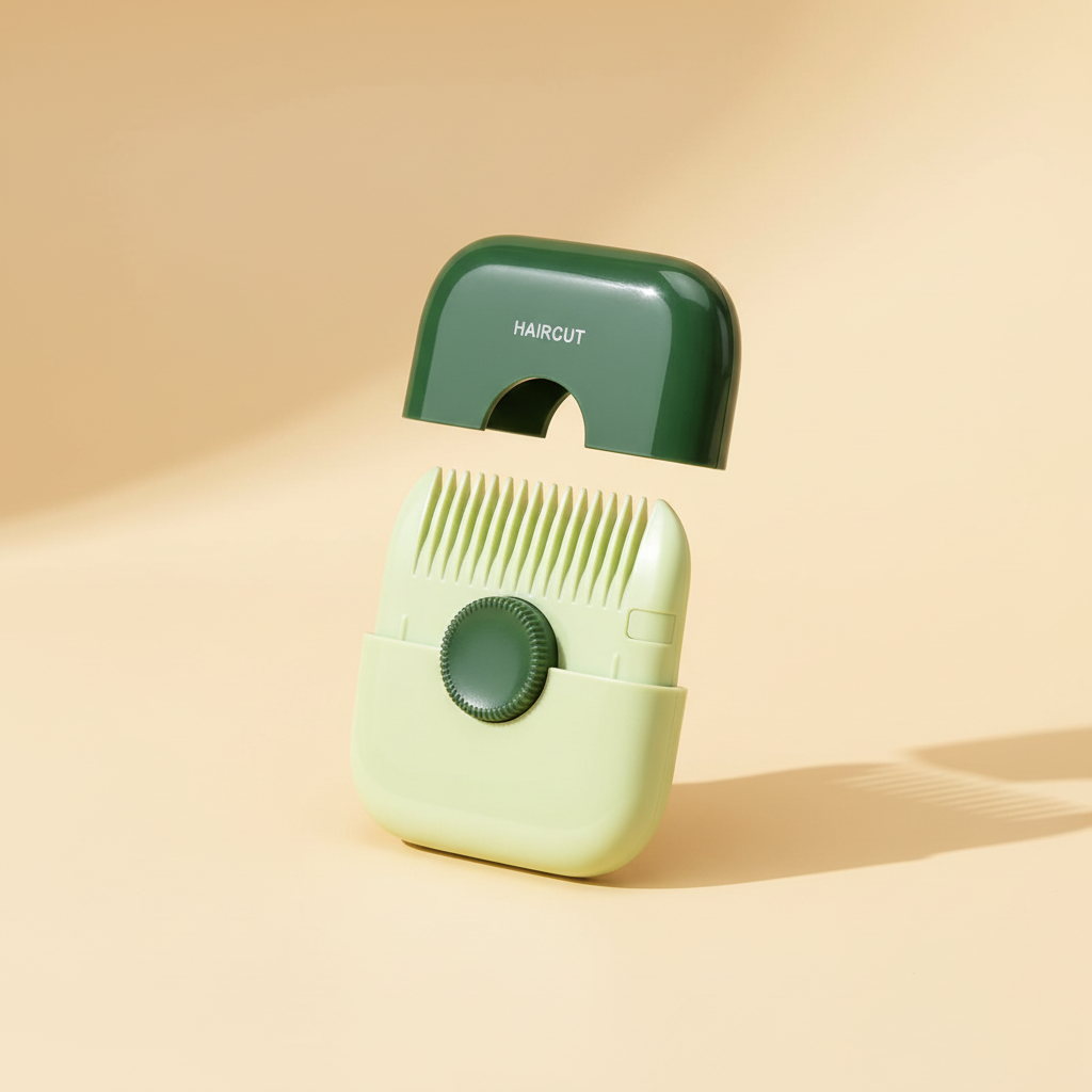 Portable multicolor hair trimmer comb with adjustable dial on a warm ivory studio background