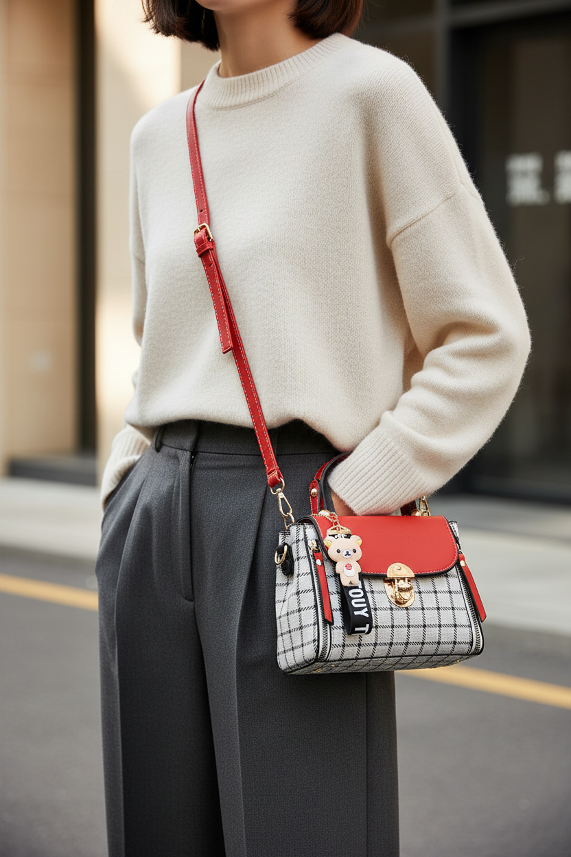 Red plaid mini crossbody bag with bear charm worn crossbody with a neutral outfit