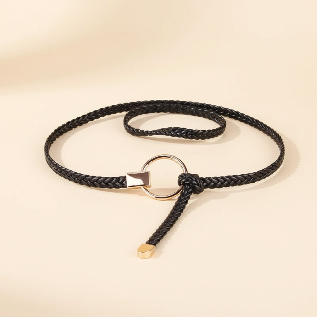 Hand-woven braided belt for women in black with gold-tone O-ring closure, coiled on a warm ivory surface