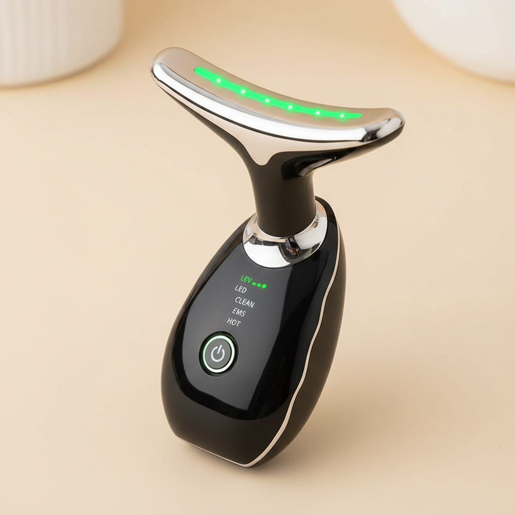 Close detail of the metallic head and controls on a black T-shaped EMS facial and neck massager