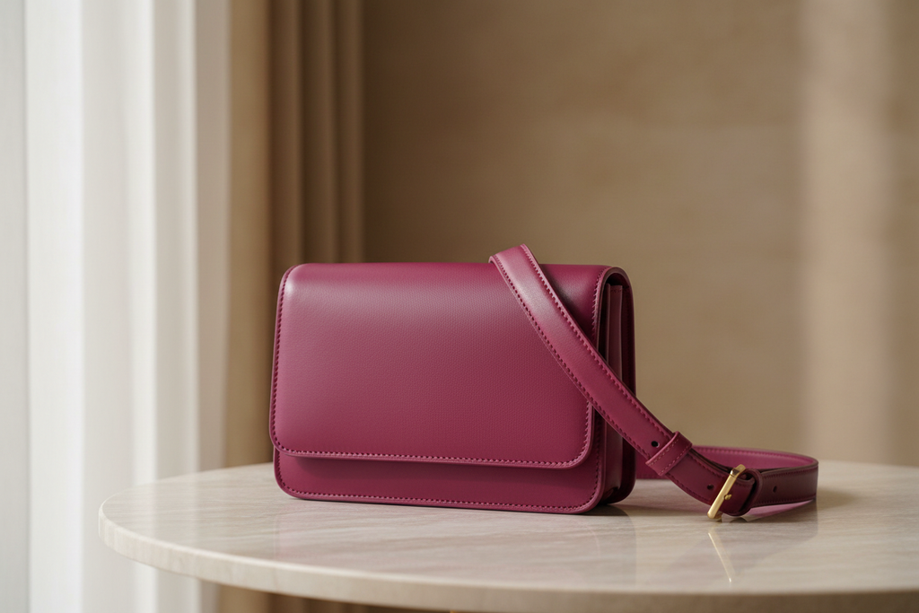 Close-up of a magenta leather shoulder bag showing its plain design and texture