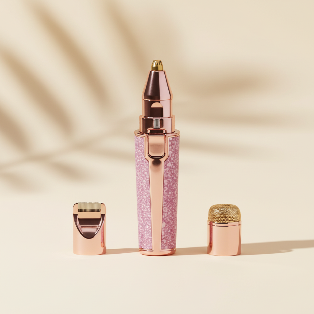 2-in-1 rechargeable eyebrow and facial hair trimmer in pink and rose gold