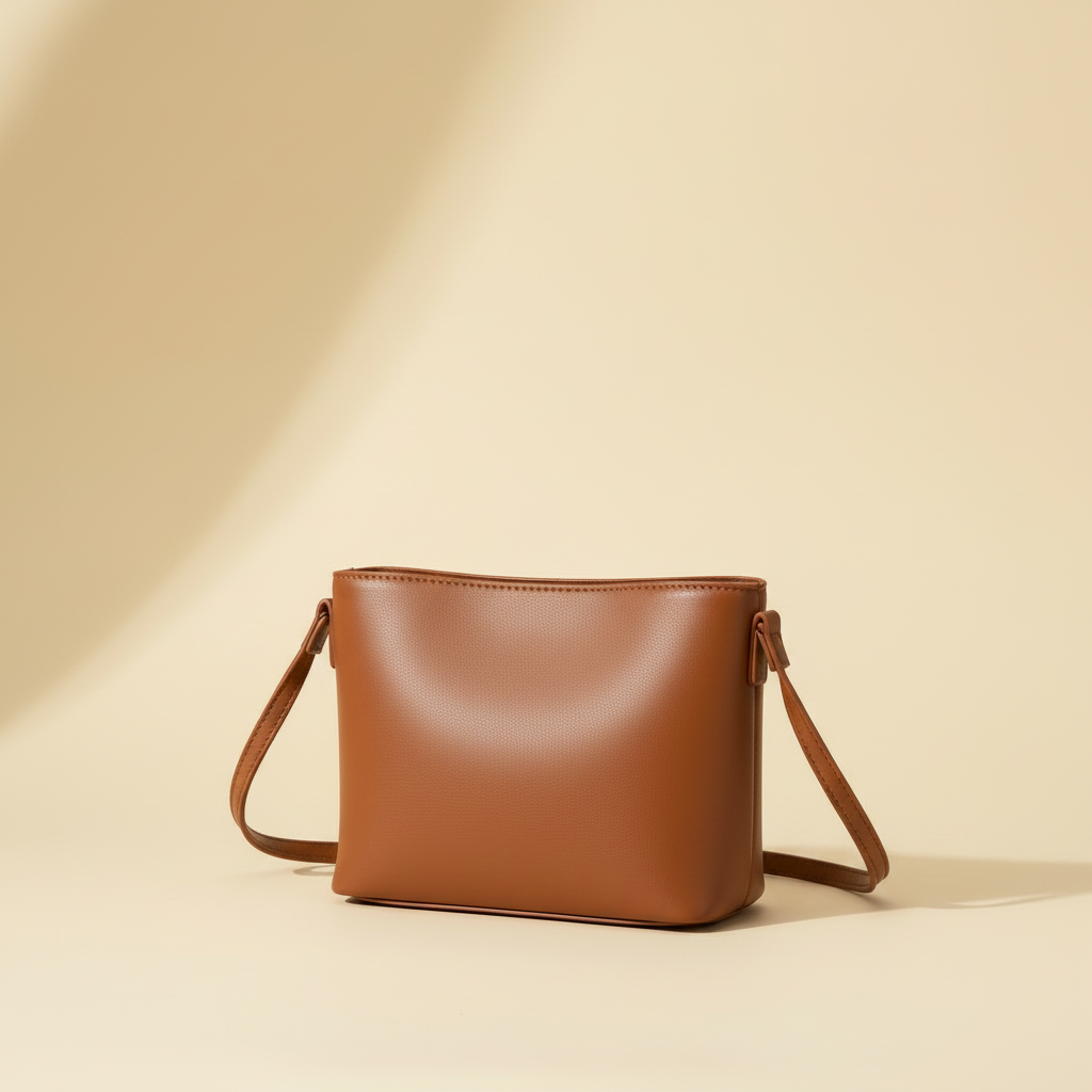 Close view of a brown plain PU leather shoulder bag
