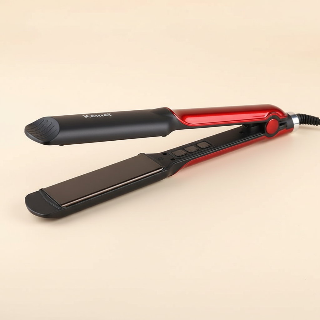 Close detail of the Kemei KM-531 red and black flat iron with heating plate and controls