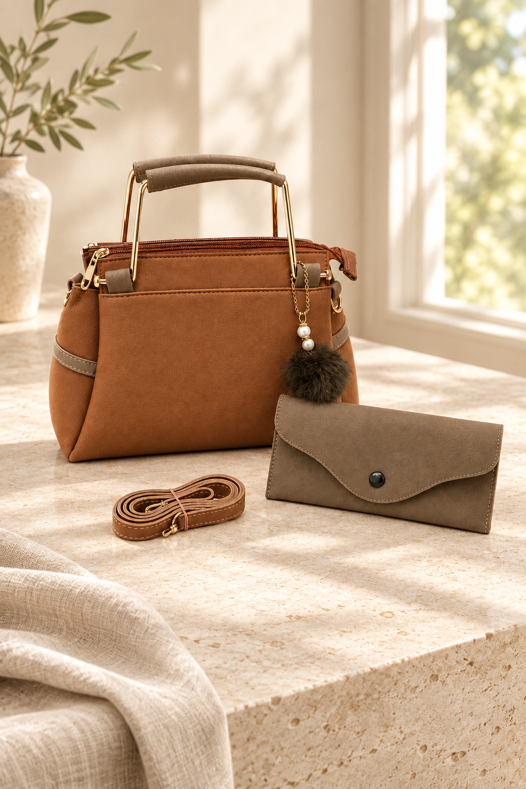 Tan top-handle handbag and matching wallet beside a sunlit window