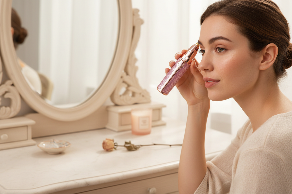 Woman using a pink rechargeable eyebrow and facial hair trimmer