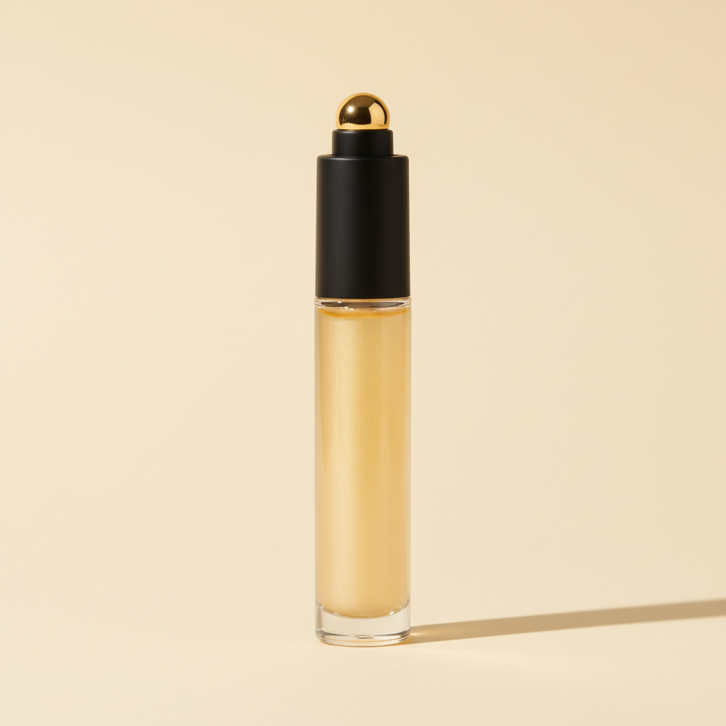 Eyelight hydrating under-eye roller with golden serum in a clear bottle and black cap on a warm ivory background