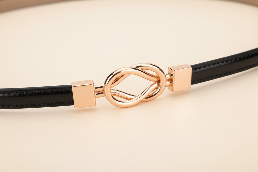 Close-up of slim black leather women’s waist belt with rose-gold interlocking decorative buckle
